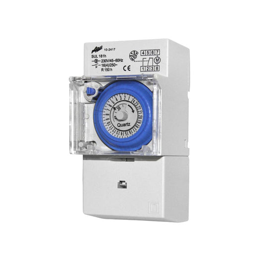 Ceas programator pe sina, analogic, 24 ore, 230V, 16A, 3 module, Adeleq 02-375/3
