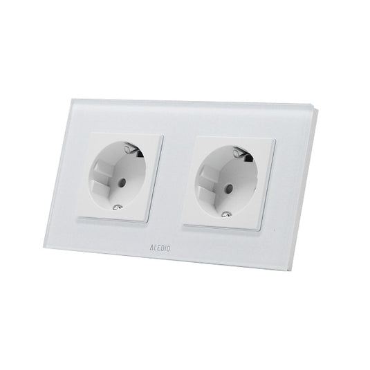 Priza simpla 2P+T 16A + priza simpla 2P+T, 16A, rama din sticla, alb, Aledio A1P1PA