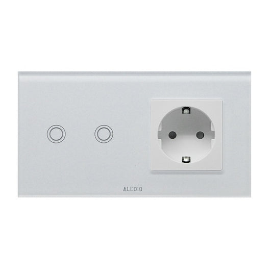 Intrerupator dublu cu touch + priza simpla 2P+T, 16A, rama din sticla, alb, Aledio A2G1PA