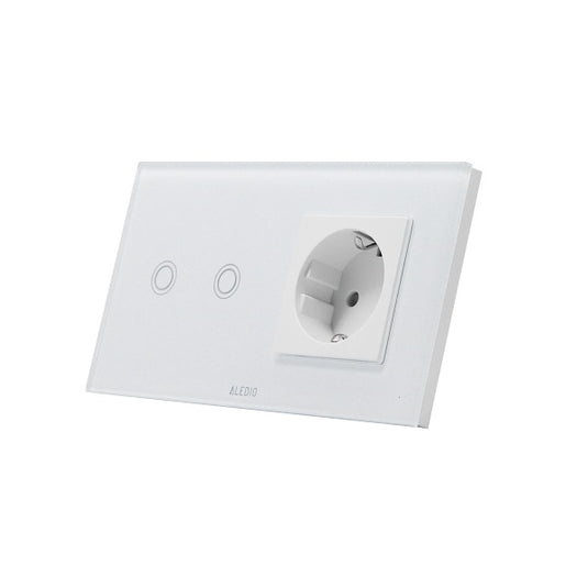 Intrerupator dublu cu touch + priza simpla 2P+T, 16A, rama din sticla, alb, Aledio A2G1PA