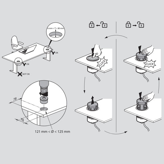 Stalp de prize, incorporabil in blat, 4 x priza 2P+T + 2 x încărcător USB A + 2 x încărcător USB C + 1 încărcător wireless, negru/finisaj metalic, INCARA™ Tower 120, Legrand 654983