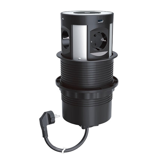 Stalp de prize, incorporabil in blat, 4 x priza 2P+T + 2 x încărcător USB A + 2 x încărcător USB C + 1 încărcător wireless, negru/finisaj metalic, INCARA™ Tower 120, Legrand 654983