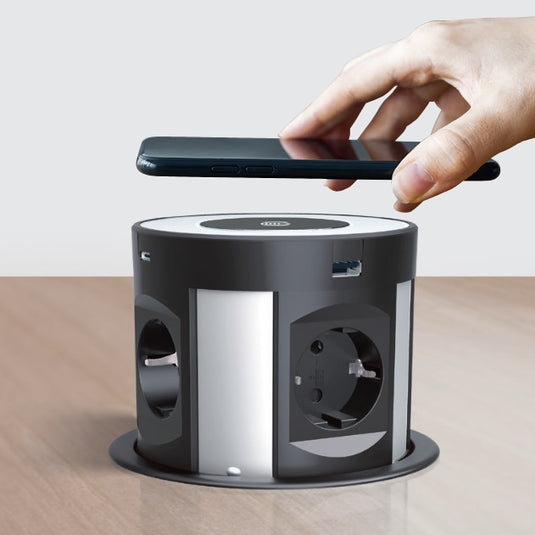 Stalp de prize, incorporabil in blat, 4 x priza 2P+T + 2 x încărcător USB A + 2 x încărcător USB C + 1 încărcător wireless, negru/finisaj metalic, INCARA™ Tower 120, Legrand 654983