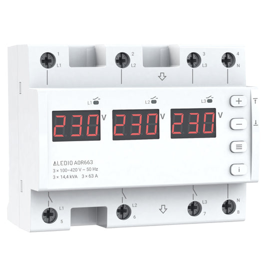 Releu de monitorizare tensiune, trifazat, 63A, 6 module, Aledio A0R663