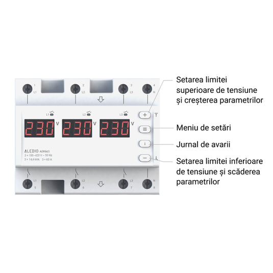 Releu de monitorizare tensiune, trifazat, 63A, 6 module, Aledio A0R663