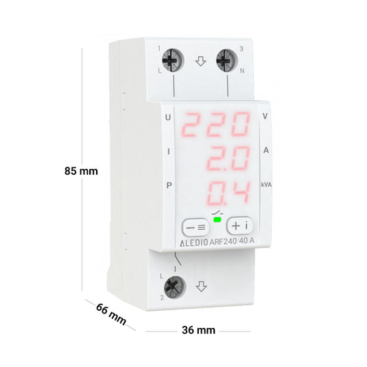 Releu de protectie multifunctional monofazat, 40A, cu afisaj tensiune, curent, putere, Aledio ARF240