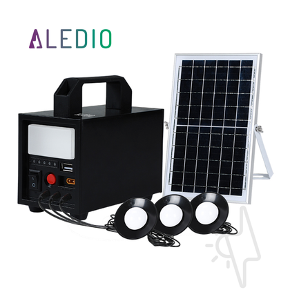 Kit sistem solar, 20W, 12Ah, cu lanterna si iesire USB, 3 becuri LED, panou solar inclus, Aledio, alternativo.ro