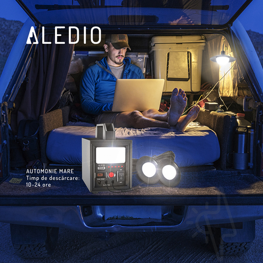 Kit sistem solar, 20W, 12Ah, cu lanterna si iesire USB, 3 becuri LED, panou solar inclus, Aledio
