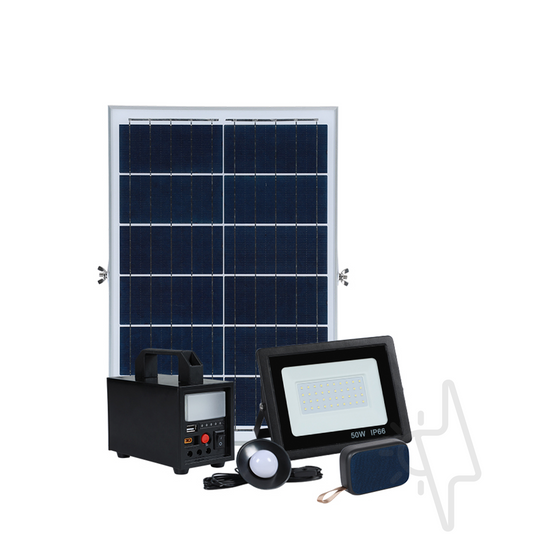Kit sistem solar, 40W, 18Ah, cu lanterna si iesire USB, bec LED, proiector, boxa bluetooth, panou solar inclus, Aledio
