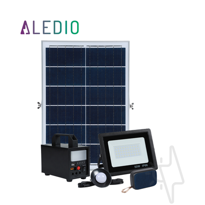 Kit sistem solar, 40W, 18Ah, cu lanterna si iesire USB, bec LED, proiector, boxa bluetooth, panou solar inclus, Aledio, alternativo.ro