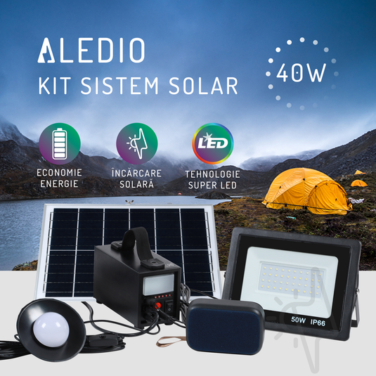Kit sistem solar, 40W, 18Ah, cu lanterna si iesire USB, bec LED, proiector, boxa bluetooth, panou solar inclus, Aledio