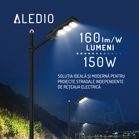 Corp de iluminat stradal LED, solar, cu senzor de miscare, 150W, 6Ah, 4000K, IP65, Aledio