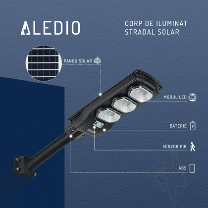 Corp de iluminat stradal LED, solar, cu senzor de miscare, 150W, 6Ah, 4000K, IP65, Aledio, alternativo.ro