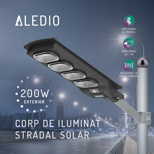 Corp de iluminat stradal LED, solar, cu senzor de miscare, 200W, 6Ah, 4000K, IP65, Aledio
