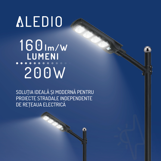 Corp de iluminat stradal LED, solar, cu senzor de miscare, 200W, 6Ah, 4000K, IP65, Aledio