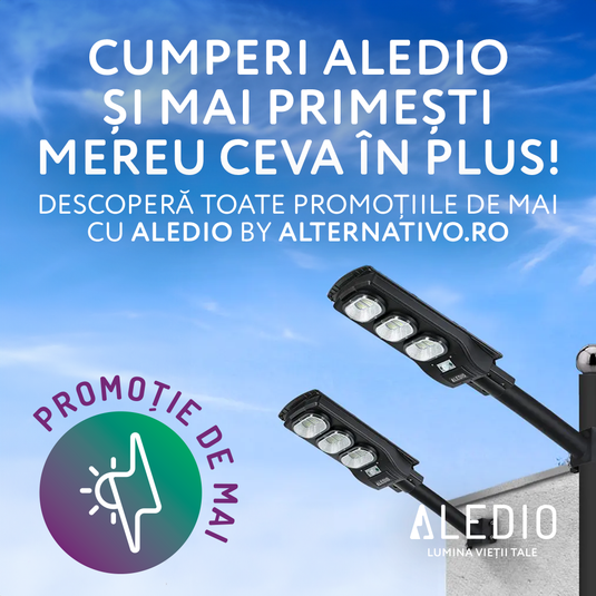 2 x Corp de iluminat stradal LED, solar, cu senzor de miscare, 150W, 6Ah, 4000K, IP65, Aledio + 2 x Suport pentru corp de iluminat, 500mm, Ø48, Aledio