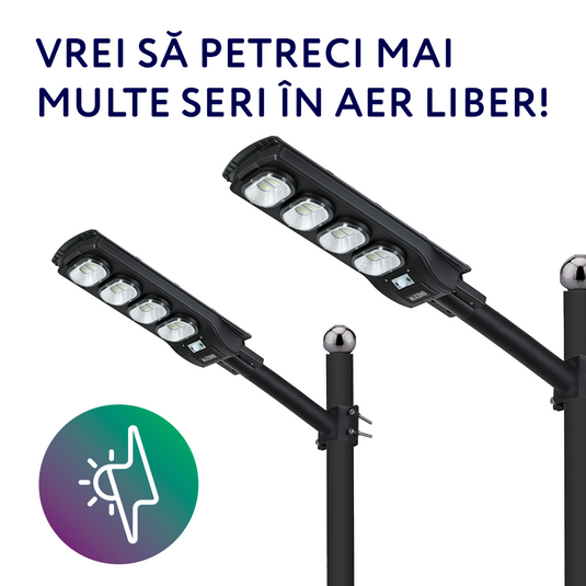 2 x Corp de iluminat stradal LED, solar, cu senzor de miscare, 200W, 6Ah, 4000K, IP65, Aledio + 2 x Suport pentru corp de iluminat, 500mm, Ø48, Aledio