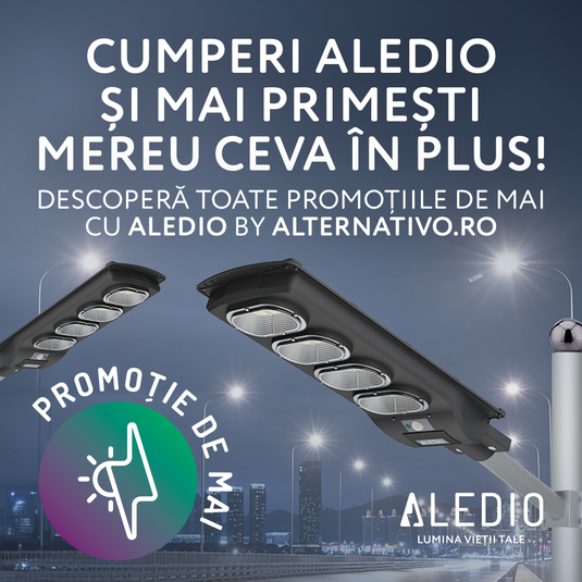 2 x Corp de iluminat stradal LED, solar, cu senzor de miscare, 200W, 6Ah, 4000K, IP65, Aledio + 2 x Suport pentru corp de iluminat, 500mm, Ø48, Aledio