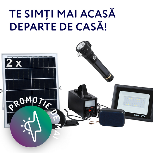 2 x Kit sistem solar, 40W, 18Ah, cu lanterna si iesire USB, bec LED, proiector, boxa bluetooth, panou solar inclus, Aledio + 1 x Lanterna LED, solara, multifunctionala, 5W, 2000mAh, Aledio