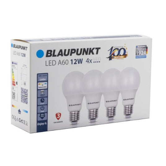 Set 4 Becuri LED clasic, A60, E27, 12W, 1260Lm, lumina neutra 4000K, Blaupunkt BE2712WNW4