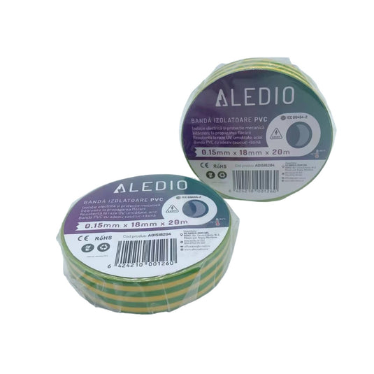 Banda izolatoare din PVC, 0.15mmx18mmx20m, verde-galben, Aledio A01518204