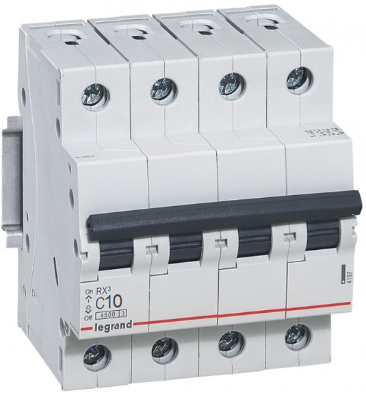 Intrerupator automat RX³, tetrapolar, 10A, curba C, 4.5kA, 4 module, Legrand 419739