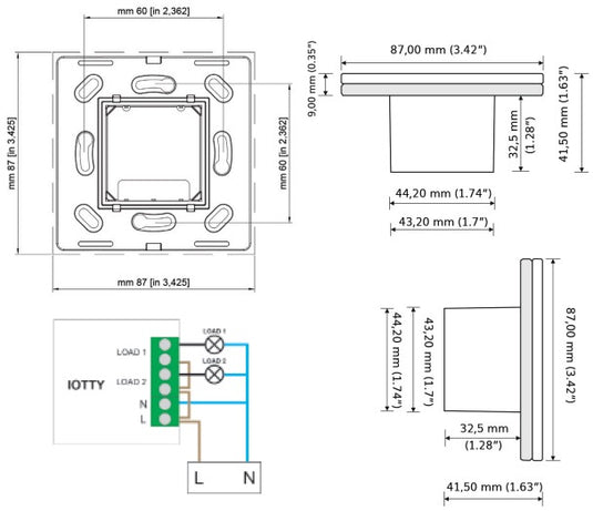 Intrerupator inteligent dublu, cu touch, din sticla, WiFi, cu nul, gri, Iotty LSWE22G