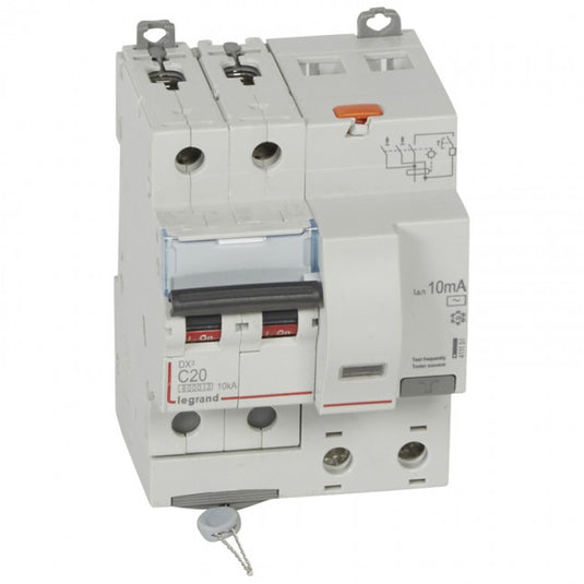 Disjunctor diferenţial DX³, bipolar, 20A, curba C, 6kA, tip AC, 10mA, 4 module, Legrand 411151