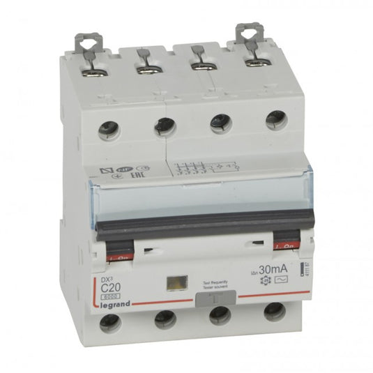Disjunctor diferential DX³, tetrapolar, 20A, curba C, 6kA, tip AC, 30mA, 4 module, Legrand 411187