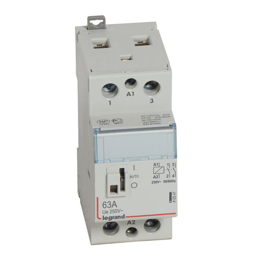 Contactor cu montaj pe sina DIN, bipolar, 2 module, cu maner, 230V, 2ND, 63A, CX³ Legrand 412547