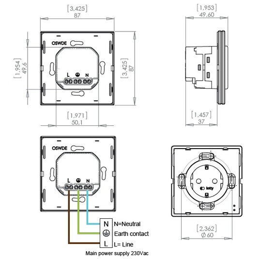 Priza inteligenta, 2 module, 16A, din sticla, WiFi, contact de protectie, gri, Iotty OSWDEG