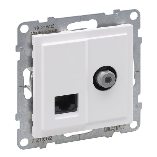 Priza TV sau SAT, conexiune stea, mufa tip F, si priza RJ45, Cat.6, UTP, alb, Suno 721162