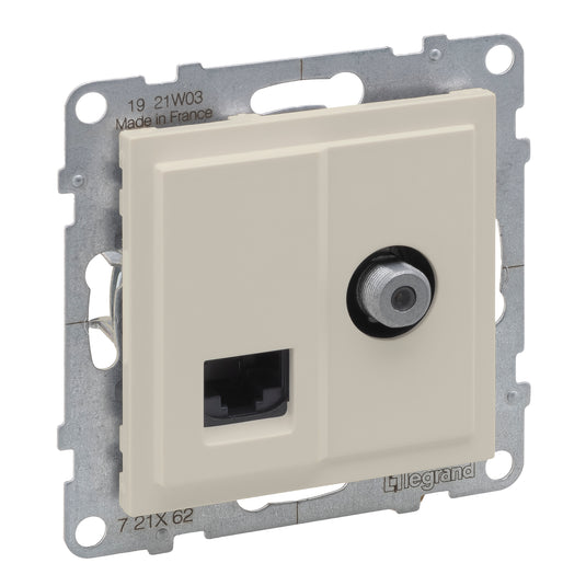 Priza TV sau SAT, conexiune stea, mufa tip F, si priza RJ45, Cat.6, UTP, ivoar, Suno 721262