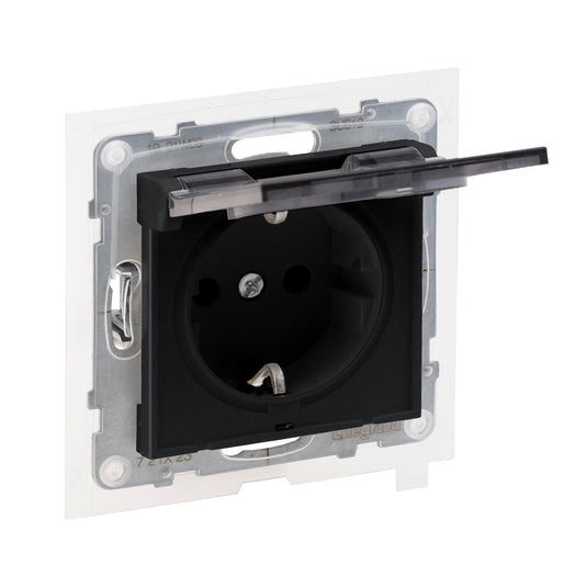 Priza simpla cu capac, cu impamantare, 2P+T, cu protectie copii, 16A, IP44, negru, Suno 721423