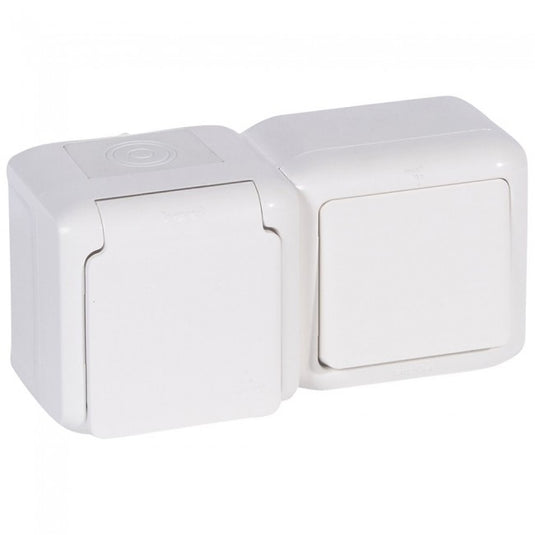 Intrerupator simplu, 10A + priza simpla, cu contact de protectie, 16A, montaj aparent, IP44, alb, Forix 782371