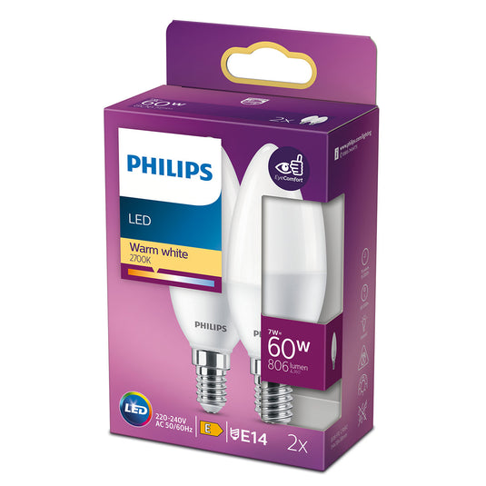 Set 2 Becuri LED lumanare, B38, E14, 7W, 806Lm, lumina calda 2700K, Philips 8719514310179
