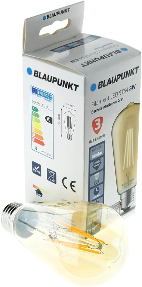 Bec LED filament decorativ, ST64, E27, 8W, 806Lm, lumina calda 2300K, geam chihlimbar, Blaupunkt BFAE278WW