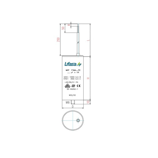 Condensator pentru motor, cu cablu, 45μF, Lifasa 32-117