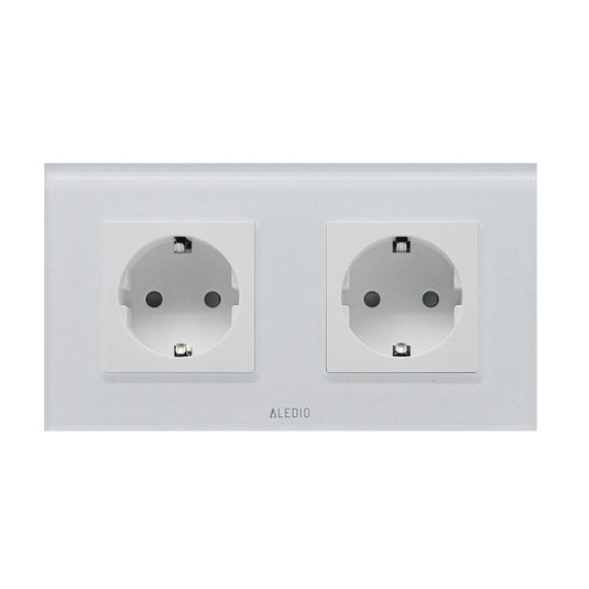 Priza simpla 2P+T 16A + priza simpla 2P+T, 16A, rama din sticla, alb, Aledio A1P1PA