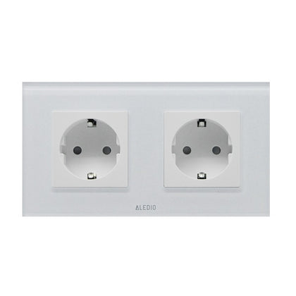 Priza simpla 2P+T 16A + priza simpla 2P+T, 16A, rama din sticla, alb, Aledio A1P1PA, , alternativo.ro