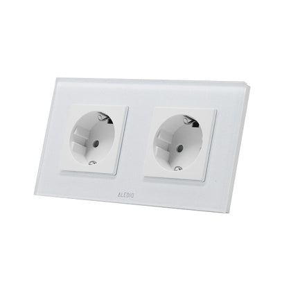 Priza simpla 2P+T 16A + priza simpla 2P+T, 16A, rama din sticla, alb, Aledio A1P1PA, , alternativo.ro