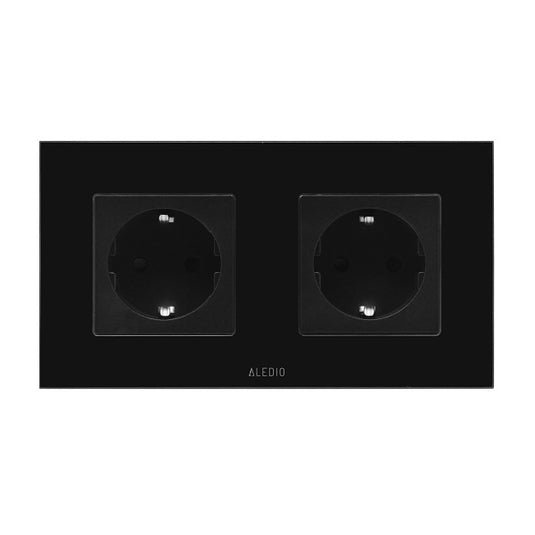 Priza simpla 2P+T 16A + priza simpla 2P+T, 16A, rama din sticla, negru, Aledio A1P1PN