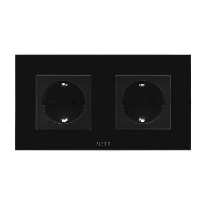 Priza simpla 2P+T 16A + priza simpla 2P+T, 16A, rama din sticla, negru, Aledio A1P1PN, , alternativo.ro