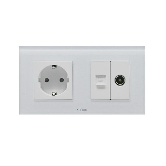 Priza simpla 2P+T 16A + priza RJ45 Cat.6 + priza TV, rama din sticla, alb, Aledio A1PNTA