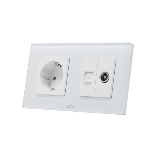 Priza simpla 2P+T 16A + priza RJ45 Cat.6 + priza TV, rama din sticla, alb, Aledio A1PNTA