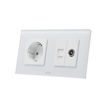 Priza simpla 2P+T 16A + priza RJ45 Cat.6 + priza TV, rama din sticla, alb, Aledio A1PNTA, , alternativo.ro