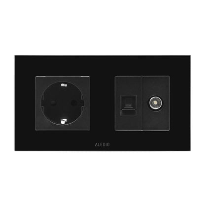 Priza simpla 2P+T 16A + priza RJ45 Cat.6 + priza TV, rama din sticla, negru, Aledio A1PNTN, , alternativo.ro