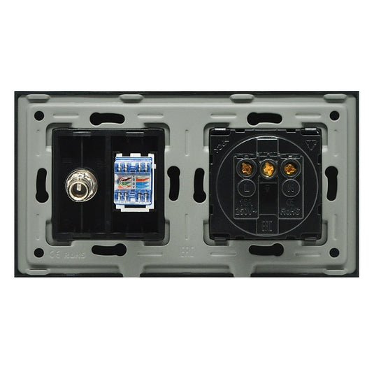 Priza simpla 2P+T 16A + priza RJ45 Cat.6 + priza TV, rama din sticla, negru, Aledio A1PNTN