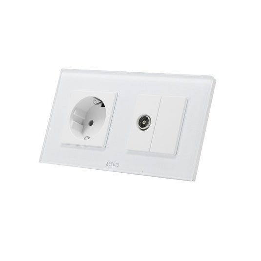 Priza simpla 2P+T 16A + priza TV, rama din sticla, alb, Aledio A1P1TA