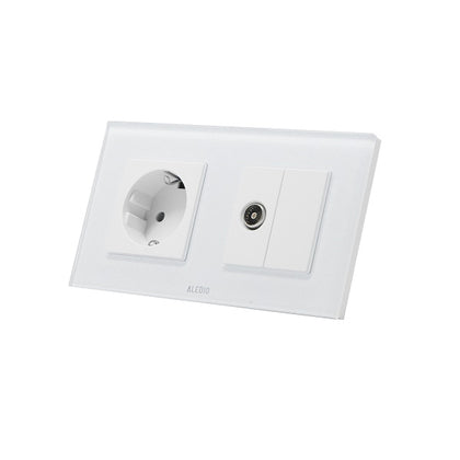 Priza simpla 2P+T 16A + priza TV, rama din sticla, alb, Aledio A1P1TA, , alternativo.ro